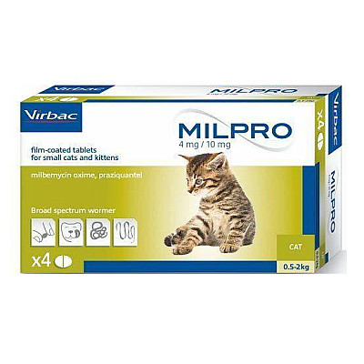 Таблетки Virbac Milpro Мілпро антигельмінтні, для кошенят і котів до 2 кг, 4 мг/10 мг, 1 таб