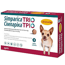 Таблетки Zoetis Simparica Trio Сімпаріка Тріо від бліх, кліщів, гельмінтів для собак 1,25-2,5 кг, 3 таб