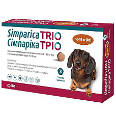 Таблетки Zoetis Simparica Trio Сімпаріка Тріо від бліх, кліщів, гельмінтів для собак 5-10 кг, 3 таб