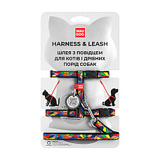 Шлей с поводком для кошек WAUDOG Nylon с QR паспортом, рисунок "Витраж", пластиковый фастекс, Ш 10 мм, В 25-40 см, С 20-30 см