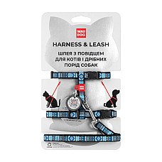 Шлей с поводком для кошек WAUDOG Nylon с QR паспортом, рисунок "Этно синий", пластиковый фастекс, Ш 10 мм, В 25-40 см, С 20-30 см