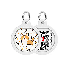 Адресник для собак та котів металічний WAUDOG Smart ID з QR паспортом, малюнок "Коргі", круг, Д 25 мм