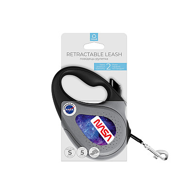 Поводок-рулетка для собак WAUDOG R-leash, рисунок "NASA21", S, до 15 кг, 5 м, светоотражающая лента черный