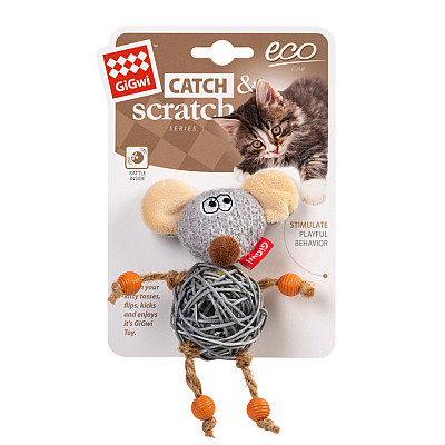 Игрушка для кошек Мышка с колокольчиком GiGwi Catch&amp;Scratch, текстиль, веревка, ротанг, 8 см