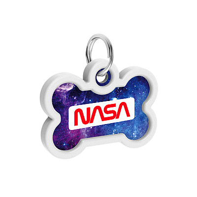 Адресник для собак и кошек металлический WAUDOG Smart ID с QR паспортом, рисунок "NASA21", кость, Д 40 мм, Ш 28 мм