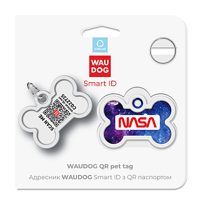 Адресник для собак и кошек металлический WAUDOG Smart ID с QR паспортом, рисунок "NASA21", кость, Д 40 мм, Ш 28 мм