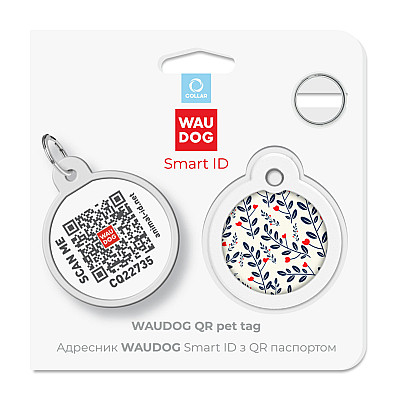 Адресник для собак и кошек металлический WAUDOG Smart ID с QR паспортом, рисунок "Растения", круг, Д 30 мм