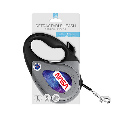 Поводок-рулетка для собак WAUDOG R-leash, рисунок "NASA21", L, до 50 кг, 5 м, светоотражающая лента черный