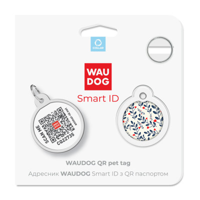 Адресник для собак и кошек металлический WAUDOG Smart ID с QR паспортом, рисунок "Растения", круг, Д 25 мм