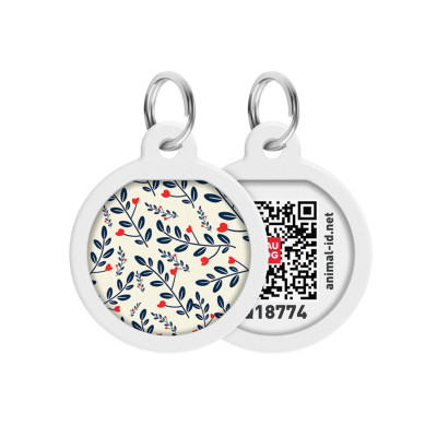 Адресник для собак и кошек металлический WAUDOG Smart ID с QR паспортом, рисунок "Растения", круг, Д 25 мм