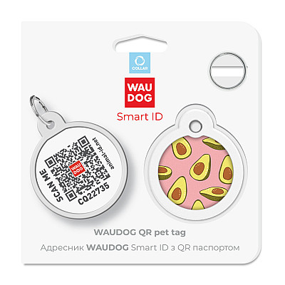 Адресник для собак и кошек металлический WAUDOG Smart ID с QR паспортом, рисунок "Авокадо 2", круг, Д 30 мм
