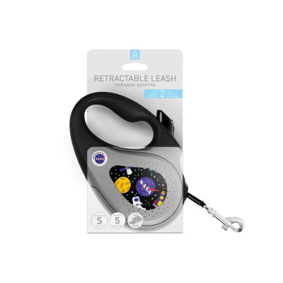 Поводок-рулетка для собак WAUDOG R-leash, рисунок "NASA", S, до 15 кг, 5 м, светоотражающая лента черный