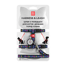 Шлей с поводком для кошек WAUDOG Nylon с QR паспортом, рисунок "Инди", пластиковый фастекс, Ш 10 мм, В 25-40 см, С 20-30 см