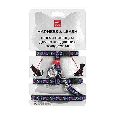 Шлей с поводком для кошек WAUDOG Nylon с QR паспортом, рисунок "Инди", пластиковый фастекс, Ш 10 мм, В 25-40 см, С 20-30 см