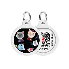 Адресник для собак та котів металічний WAUDOG Smart ID з QR паспортом, малюнок "Коти", круг, Д 25 мм