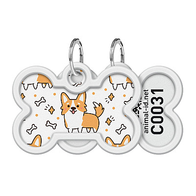 Адресник для собак и кошек металлический WAUDOG Smart ID с QR паспортом, рисунок "Корги", кость, Д 40 мм, Ш 28 мм