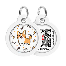Адресник для собак и кошек металлический WAUDOG Smart ID с QR паспортом, рисунок "Корги", круг, Д 30 мм