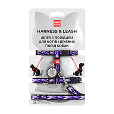 Шлей с поводком для кошек WAUDOG Nylon с QR паспортом, рисунок "Фиолетовый камо", пластиковый фастекс, Ш 10 мм, В 25-40 см, С 20-30 см