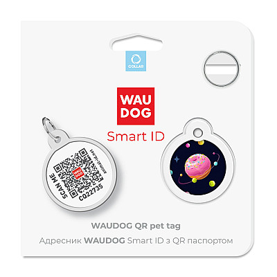 Адресник для собак и кошек металлический WAUDOG Smart ID с QR паспортом, рисунок "Вселенная пончиков", круг, Д 25 мм