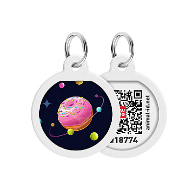 Адресник для собак и кошек металлический WAUDOG Smart ID с QR паспортом, рисунок "Вселенная пончиков", круг, Д 25 мм