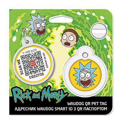 Адресник для собак и кошек металлический WAUDOG Smart ID с QR паспортом, рисунок "Год и Морти 3", круг, Д 30 мм