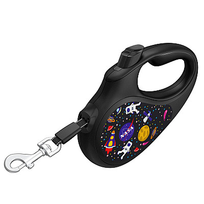 Поводок-рулетка для собак WAUDOG R-leash, рисунок "NASA", M, до 25 кг, 5 м, светоотражающая лента черный