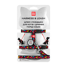 Шлей с поводком для кошек WAUDOG Nylon с QR паспортом, рисунок "Граффити", пластиковый фастекс, Ш 10 мм, В 25-40 см, С 20-30 см