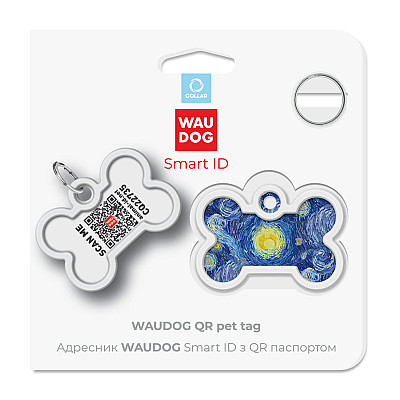 Адресник для собак и кошек металлический WAUDOG Smart ID с QR паспортом, рисунок "Водяные лилии", кость, Д 40 мм, Ш 28 мм