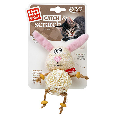 Игрушка для кошек Зайка с плетеным мячиком и колокольчиком GiGwi Catch&amp;scratch, полиэстер, 10 см