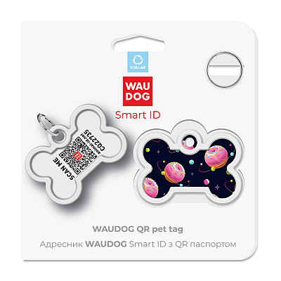 Адресник для собак и кошек металлический WAUDOG Smart ID с QR паспортом, рисунок "Вселенная пончиков", кость, Д 40 мм, Ш 28 мм