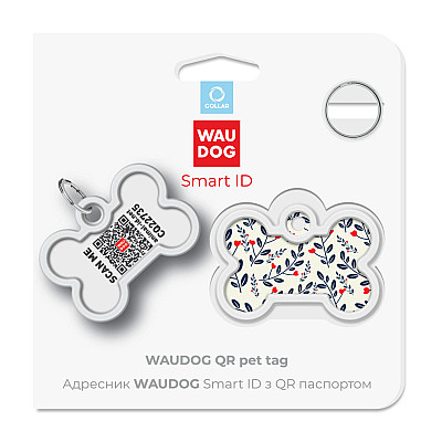 Адресник для собак и кошек металлический WAUDOG Smart ID с QR паспортом, рисунок "Растения", кость, Д 40 мм, Ш 28 мм