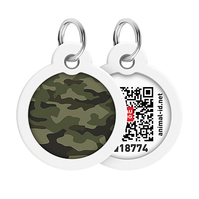Адресник для собак и кошек металлический WAUDOG Smart ID с QR паспортом, рисунок "Камо зеленый", круг, Д 30 мм