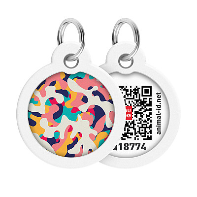 Адресник для собак и кошек металлический WAUDOG Smart ID с QR паспортом, рисунок "Камо разноцветный", круг, Д 30 мм