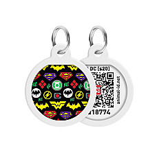 Адресник для собак и кошек металлический WAUDOG Smart ID с QR паспортом, рисунок "Супергерои логомания", круг, Д 25 мм