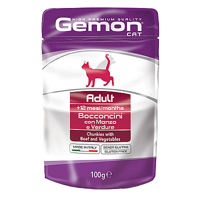 Вологий корм для котів Gemon Cat Wet Adult шматочки з яловичиною та овочами, 100 г