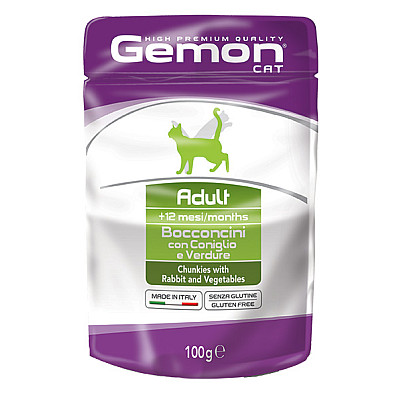 Влажный корм для кошек Gemon Cat Wet Adult кусочки с кроликом и овощами, 100 г