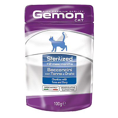 Вологий корм для котів Gemon Cat Wet Sterilized шматочки з тунцем та рибкою дорі, 100 г