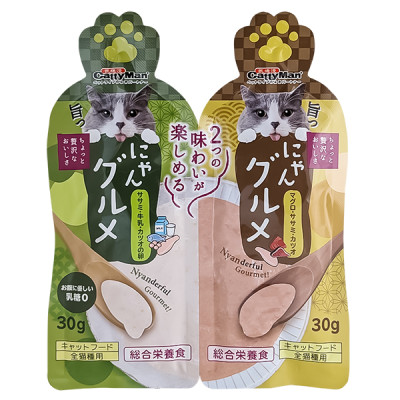 CattyMan Complete Twins Pouch КЕТТІМЕН ДВА СМАКИ: КУРКА МОЛОКО ІКРА ТА ТУНЕЦЬ КУРКА МАКРЕЛЬ крем-пюре, рідкий корм для котів , 0.06 кг., 2 паучі х 30 г см.