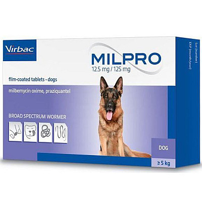 Таблетки Virbac Milpro Милпро антигельминтные, для больших собак 5 – 25 кг, 12,5 мг/125 мг, 1 таб