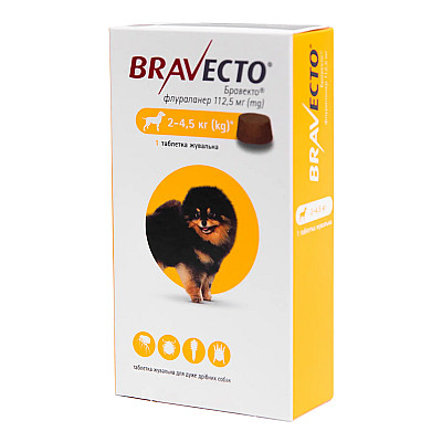 Таблетка MSD Bravecto Бравекто против блох и клещей для собак весом 2-4,5 кг, 1 таб/112,5 мг