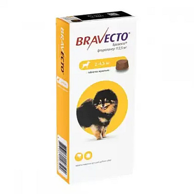 Таблетка MSD Bravecto Бравекто против блох и клещей для собак весом 2-4,5 кг, 1 таб/112,5 мг
