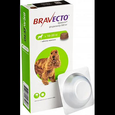 Таблетка MSD Bravecto Бравекто против блох и клещей для собак весом 10-20 кг, 1 таб/500 мг