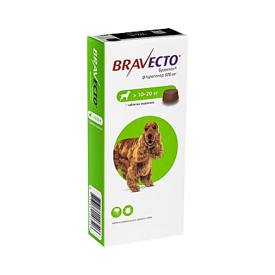 Таблетка MSD Bravecto Бравекто против блох и клещей для собак весом 10-20 кг, 1 таб/500 мг