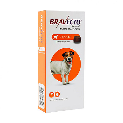 Таблетка MSD Bravecto Бравекто против блох и клещей для собак весом 4,5-10 кг, 1 таб/250 мг