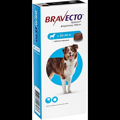 Таблетка MSD Bravecto Бравекто против блох и клещей для собак весом 20-40 кг, 1 таб/1000 мг