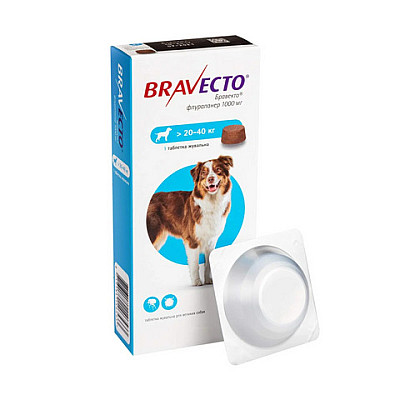 Таблетка MSD Bravecto Бравекто против блох и клещей для собак весом 20-40 кг, 1 таб/1000 мг