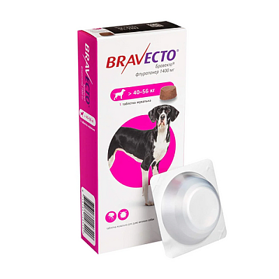 Таблетка MSD Bravecto Бравекто против блох и клещей для собак весом 40-56 кг, 1 таб/1400 мг