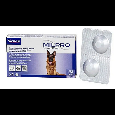 Таблетки Virbac Milpro Милпро антигельминтные, для больших собак 5 – 25 кг, 12,5 мг/125 мг, 1 таб
