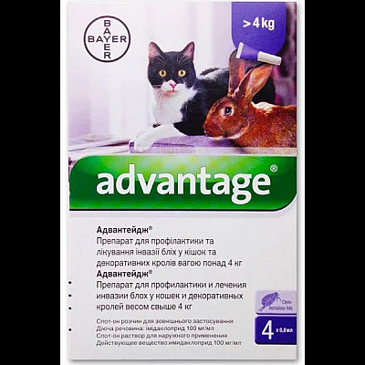 Краплі Bayer Advantage Адвантейдж 80 від заражень блохами для котів, кошенят та декоративних кроликів быльше 4 кг, 4 піпетки