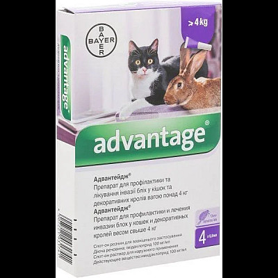 Краплі Bayer Advantage Адвантейдж 80 від заражень блохами для котів, кошенят та декоративних кроликів быльше 4 кг, 4 піпетки